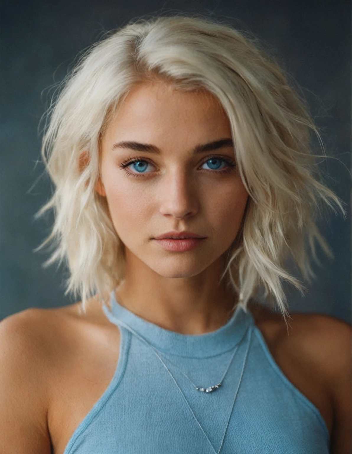 a close up of a woman with a necklace on her neck, blonde hair blue eyes, blonde hair and blue eyes, blond hair blue eyes, perfect white haired girl, girl with short white hair, beautiful blonde girl, short blond hair, blue eyes and blond hair, short blonde hair, a girl with blonde hair, girl with white hair, blonde short hair