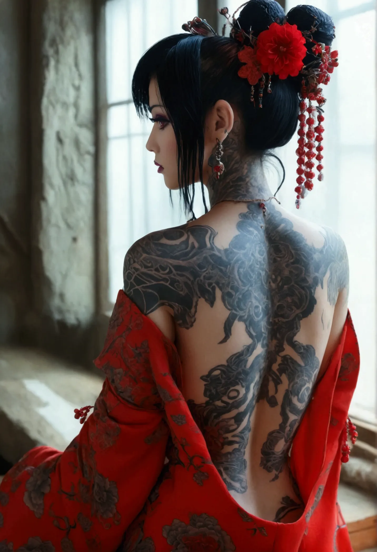 stunningly gorgeous beautiful perfect hr giger inspired inspired tattooed sexy seductive geisha lulu , perfect face, hyper detai...