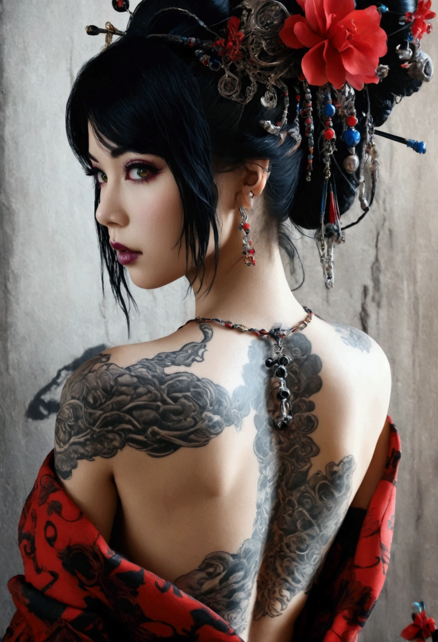 Stunningly gorgeous beautiful perfect hr giger inspired inspired tattooed sexy seductive Geisha lulu , perfect face, hyper detailed vibrant eyes, large breasts, full body view, nude, no color black and gray only, back to viewer looking forward,