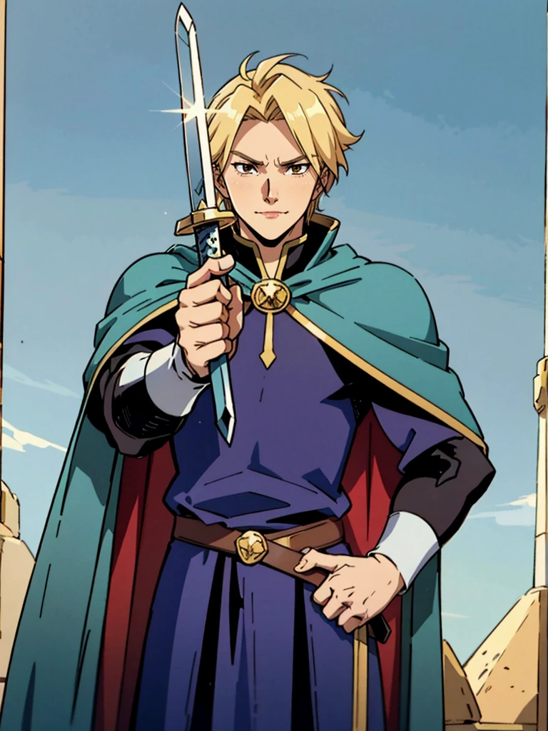 Anime character with blonde hair wearing a blue medieval cape, portrayed as the Demon King. Despite his title, he has a friendly and humorous expression. He holds a simple sword pointing upwards with one hand on his hip. The background is a plain color, designed for easy cutting, with a focus on anime-style lines and traits, perfect for a 3:4 image ratio