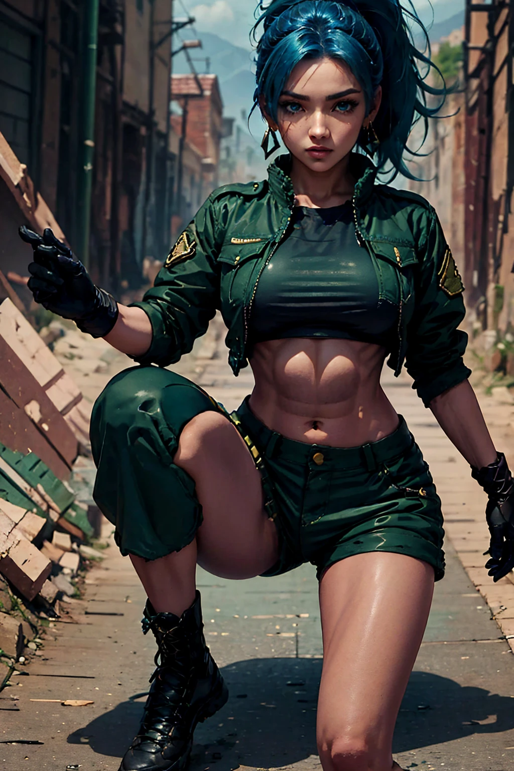 masterpiece,, best quality, highres, 1girl, leona heidern, blue hair, blue eyes, ponytail, green shorts, midriff, crop top, black gloves, breasts, military uniform, green jacket, earrings, jewelry, navel, large breasts, cowboy shot, crouched
