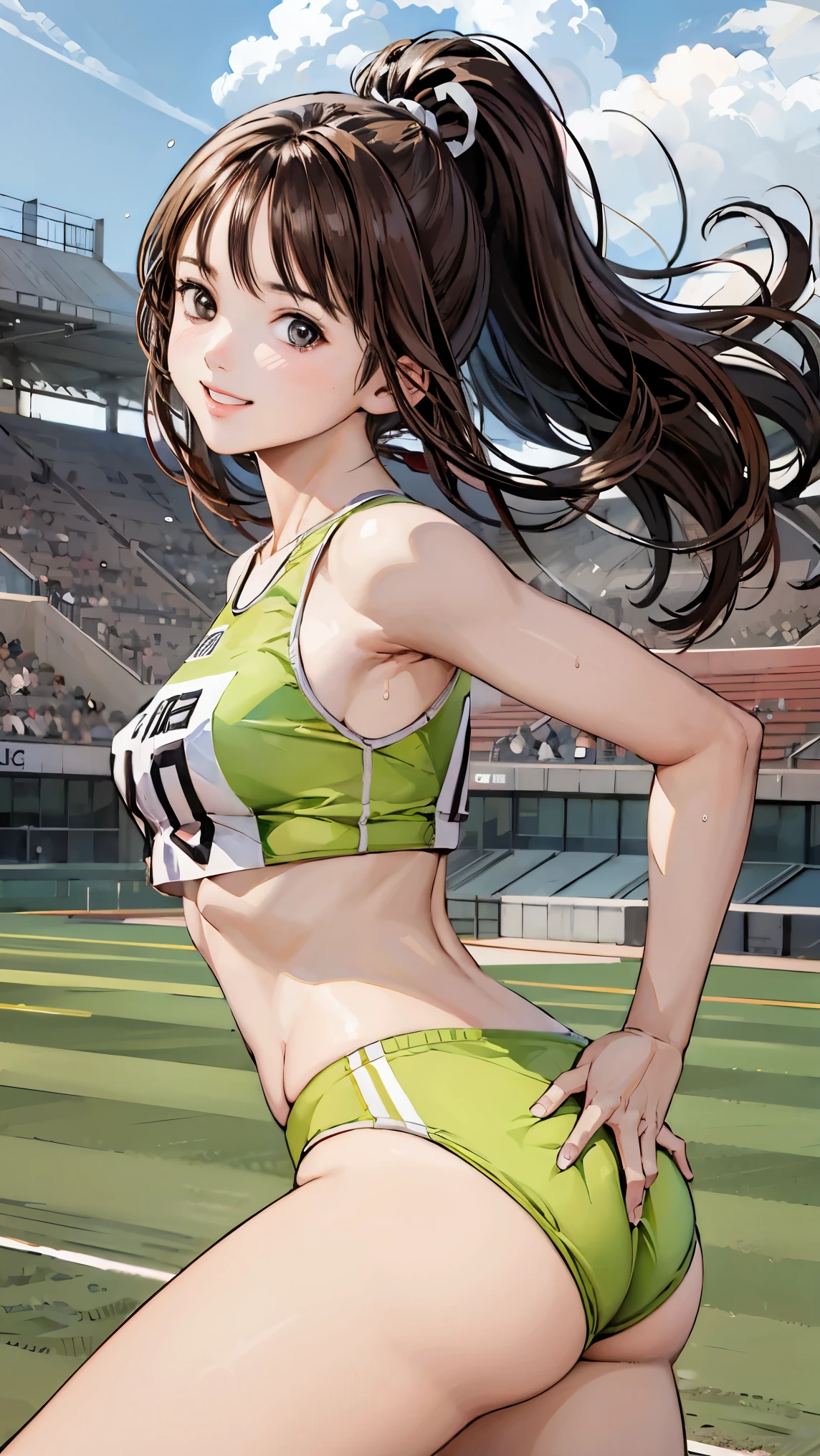  (Three Girls)、(Athletics Stadium、truck),、smile、The men are laughing、、Long Hair、They hesitate,、Wet Hair,  Underarm, Mid-chest, Realistic butt crack , (High color saturation:1.0),  (Very detailed肌), (Highest quality:1.0), (Ultra-high resolution:1.0) ,(Realistic:1.0), (Very detailed:1.0), (8k, RAW Photos:1.1)、Center of chest、Spread your legs、Yoshizuki Iori、running、(White Athletics Uniform)、(Front view)