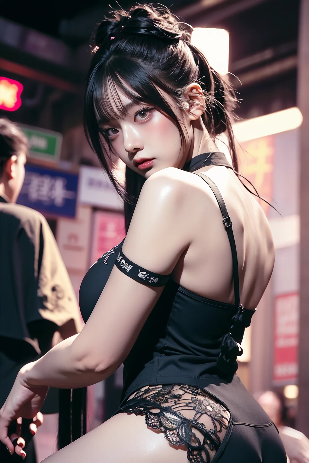 korean goddess, otherworldly, sexy young woman with gigantic breasts, beautiful golden eyes, intense stare at viewer, wuxia, masterpiece, pale skin, asura clan, extremely voluptuous, black-pink gradient hair, long ponytail, straight bangs, blunt bangs, smug expression, black eye liner, face focus, dark eyeshadow, prominent brows, tall nose, extremely enormous breasts, narrow waist, very wide hips, thick thighs, huge ass, punk goth aesthetics, black chinese cheongsam, bare shoulders, sexy lace, huge thighs, highly detailed face, black nails, toned, abs, 超High resolution,Textured skin, Super detailed, Detailed, high quality, 最high quality, High resolution, 8K, raytracing, gorgeous muscles, sfw