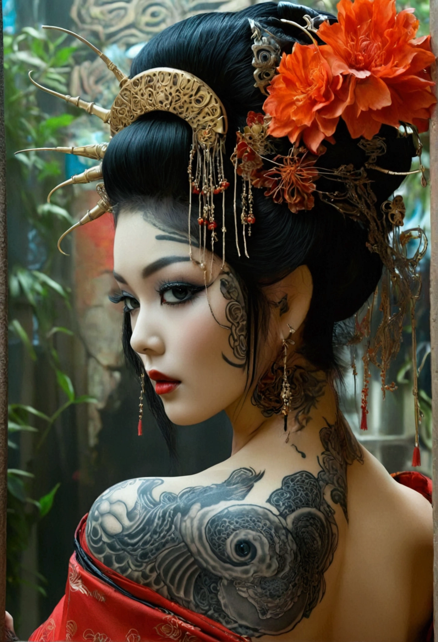 Stunningly gorgeous beautiful perfect hr giger inspired inspired tattooed sexy seductive Geisha lulu , perfect face, hyper detailed vibrant eyes, large breasts, full body view, nude, no color black and gray only, back to viewer looking forward,