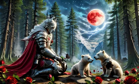 male knight with a white hood with polar bear ears and a sword behind his back sits cross-legged on the ground towards a baby po...