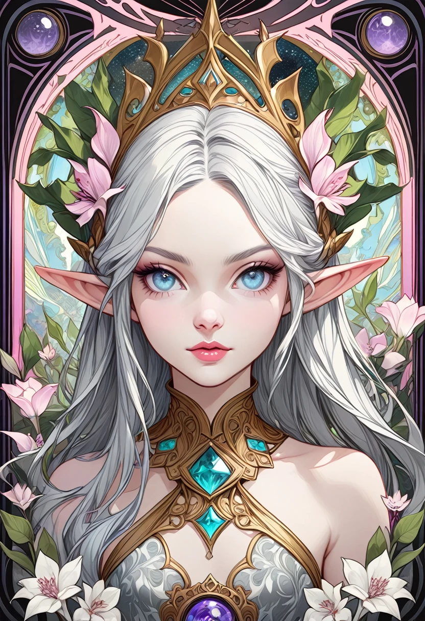 A tarot card of a gorgeous beautiful elf warrior queen, fractal magic, illustration in the style of Travis Charest, ink linework, poster, Elle Fanning model, cgsociety, fantasy art, detailed illustration, mystical, A botanical masterpiece, detailed, hyper-realistic, elemets of symbolism and surrealism, intricate design, intertwined, beautiful woman, flowers, pastel.