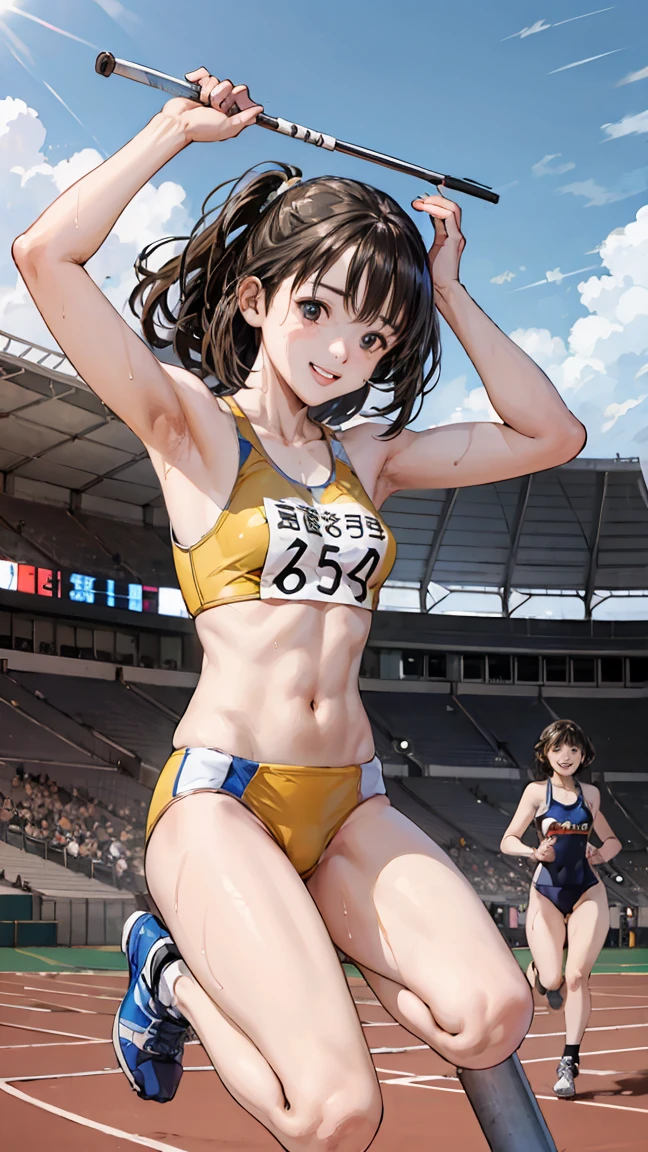  (Three Girls)、(Athletics Stadium、truck),、smile、The men are laughing、、Long Hair、They hesitate,、Wet Hair,  Underarm, Mid-chest, Realistic butt crack , (High color saturation:1.0),  (Very detailed肌), (Highest quality:1.0), (Ultra-high resolution:1.0) ,(Realistic:1.0), (Very detailed:1.0), (8k, RAW Photos:1.1)、Center of chest、Spread your legs、Yoshizuki Iori、Running with a relay baton、(White Athletics Uniform)、(Front view)