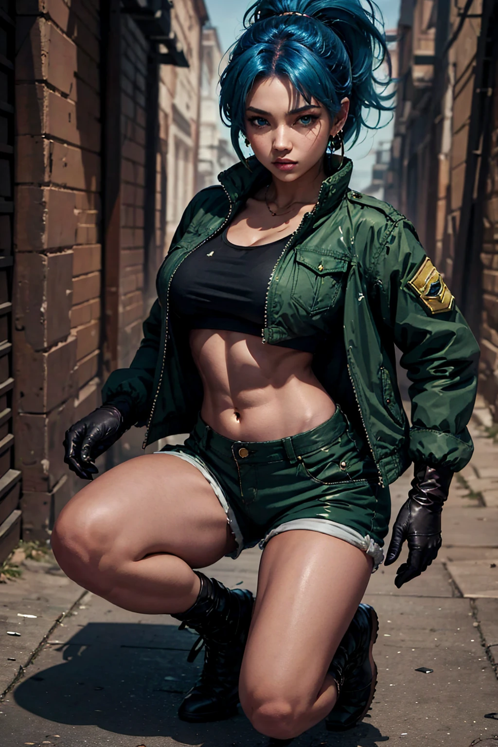 masterpiece,, best quality, highres, 1girl, leona heidern, blue hair, blue eyes, ponytail, green shorts, midriff, crop top, black gloves, breasts, military uniform, green jacket, earrings, jewelry, navel, large breasts, cowboy shot, crouched, sexy body, perfect body 
