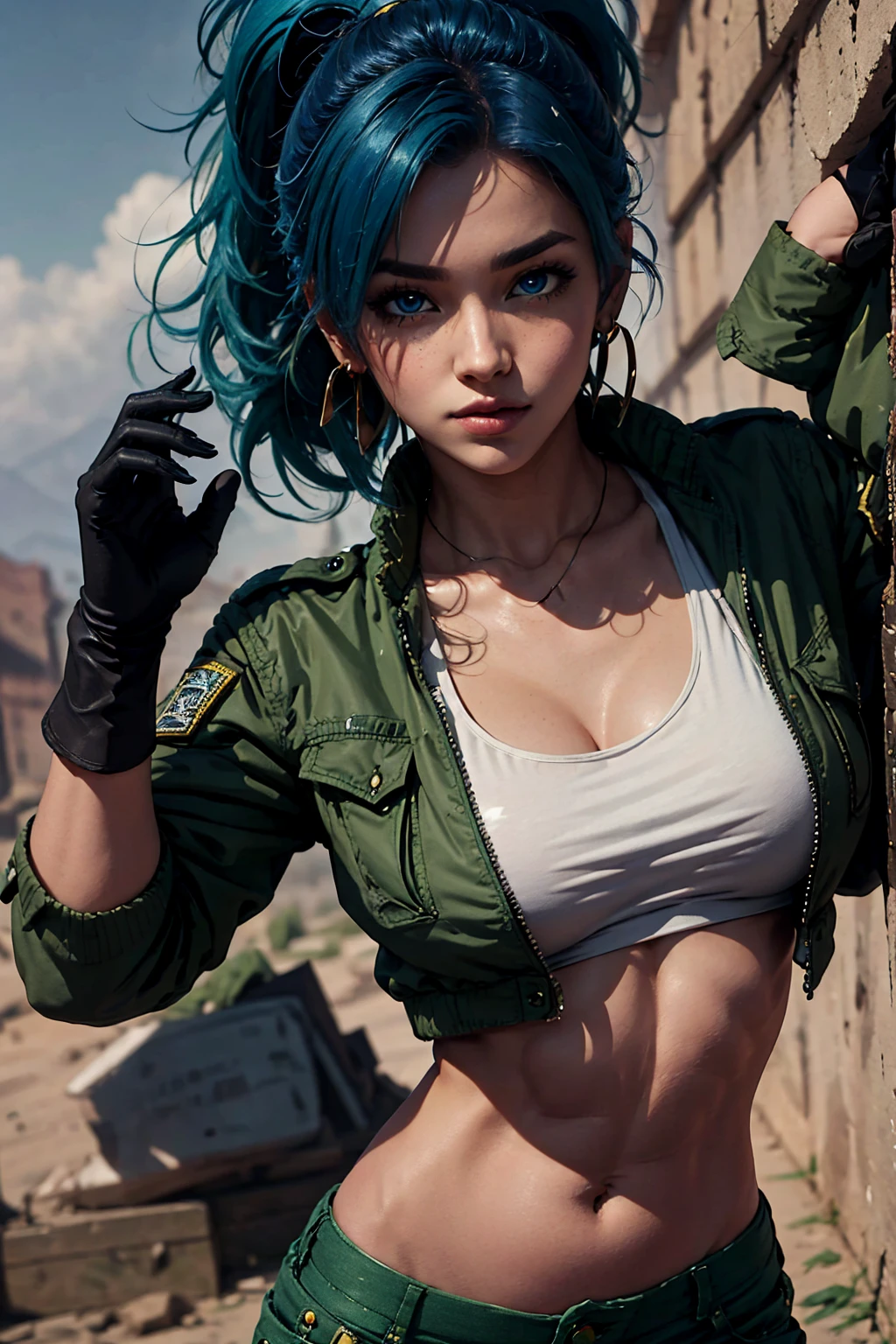 masterpiece,, best quality, highres, 1girl, leona heidern, blue hair, blue eyes, ponytail, green shorts, midriff, crop top, black gloves, breasts, military uniform, green jacket, earrings, jewelry, navel, large breasts, cowboy shot, crouched, sexy body, perfect body 
