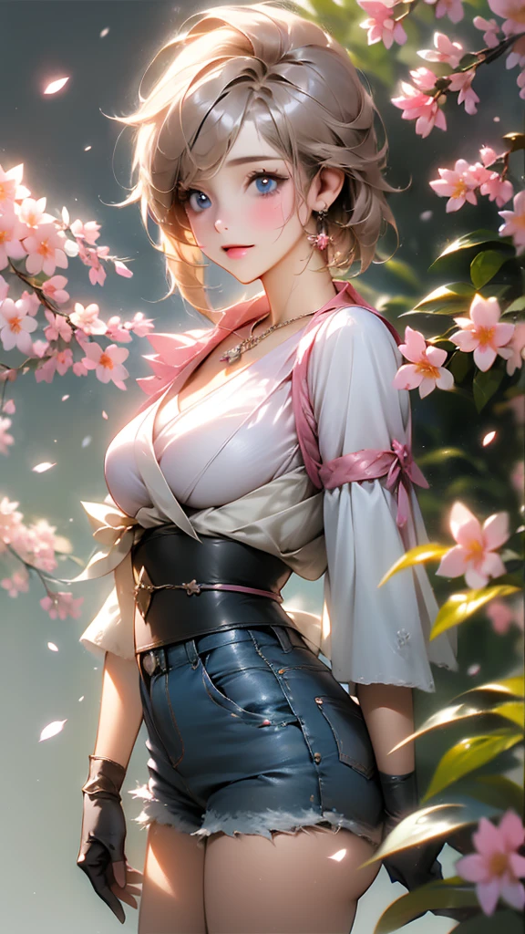 a girl in white shirt and shorts standing front of house, in the style of hyper-detailed portraits, light pink and dark silver, japanes anime, 8k uhd, gloves, blue eyes, pink gloves, shorts, jewelry, moon, short hair, earrings, cherry blossoms, mole, necklace, denim, low-angle shot, muted black color grading, rear projection, stuck in the mud(Hair style:1.5)(detailed landscape:0.6)(feminim:1.2)(hand detailed:0.2)(background masterpiece:0.1)