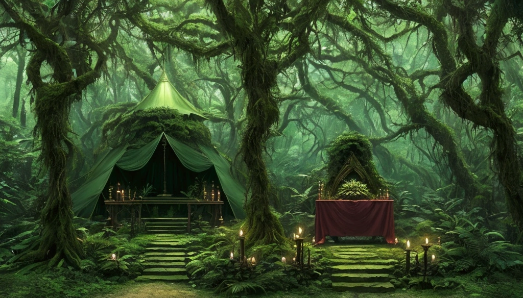 woods, forest, jungle, anime style, altar, ((altar)), magical altar, magic, altar under tent,
