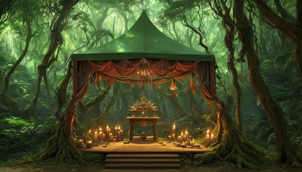 woods, forest, jungle, anime style, altar, ((altar)), magical altar, magic, altar under tent,
