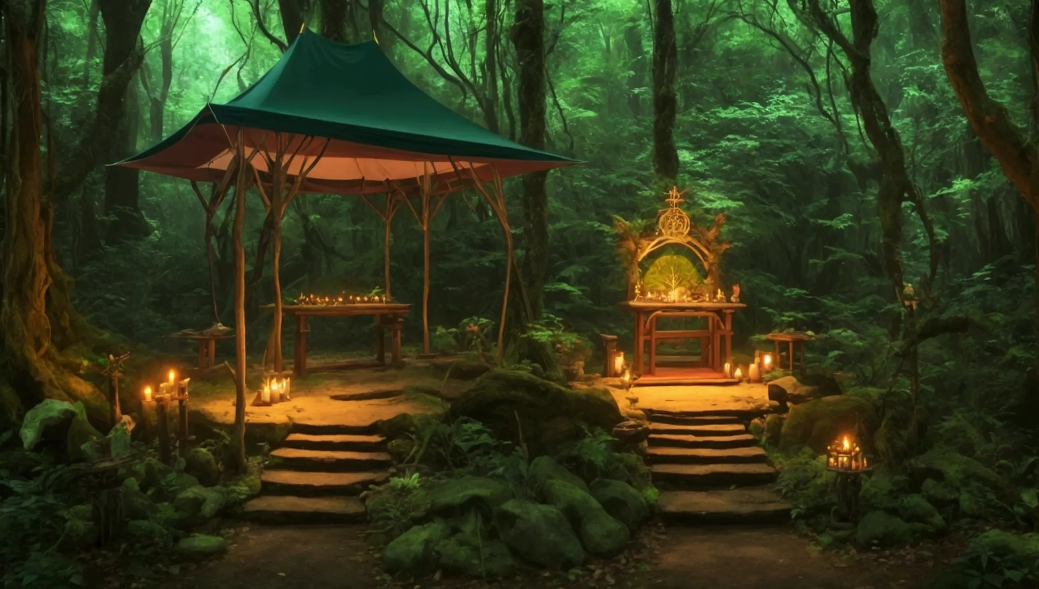 woods, forest, jungle, anime style, altar, ((altar)), magical altar, magic, altar under tent,