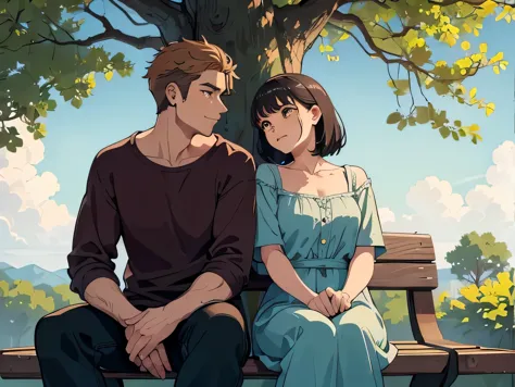 man and woman, sitting beside a tree, romantic conversation, joy, (insanely detailed, perfect faces, upper body)