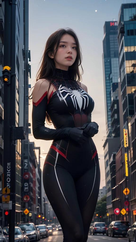 Spider-Woman is depicted in a striking, dynamic pose atop a towering skyscraper, her body arched gracefully as she clings to the edge of the building. She is dressed in a sleek, form-fitting suit that hugs her athletic, muscular figure, the material shimmering slightly in the light of the city. ((The suit is a deep, rich red with black web-like patterns intricately woven across it, reflecting the iconic spider motif on her chest.)) Her long, black hair flows freely in the wind, adding a sense of movement and power to her appearance.Her eyes are covered by a white, stylized mask with sharp angles, giving her an intense, focused expression as she surveys the city below. Her gloved hands are poised and ready, fingers slightly spread, revealing the web-shooters embedded in her wrists. The muscle definition in her arms and legs is clearly visible, emphasizing her strength and agility.The background is a breathtaking view of the city at night. The skyscraper she's perched on is surrounded by other towering buildings, their windows aglow with the lights of the bustling metropolis. The city below is alive with energy, the streets filled with the headlights of cars, and the neon signs illuminating the urban landscape. The skyline is dotted with both modern and classic architecture, creating a sense of depth and scale. Far below, the city seems almost dreamlike, with the lights forming a sea of glittering stars on the ground.Above, the night sky is a deep indigo, speckled with faint stars barely visible due to the bright city lights. Clouds drift lazily across the sky, their edges glowing faintly with the reflected city lights, adding a touch of ethereal beauty to the scene. A full moon hangs high in the sky, casting a soft, silvery light over everything, creating subtle highlights on Spider-Woman’s suit and the metallic surfaces of the buildings around her.The wind is depicted as a gentle breeze, tugging at Spider-Woman’s hair and suit, adding a sense of realism and motion.