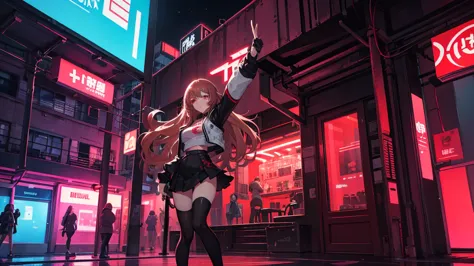 2d anime style, a beautiful woman with long curly brown, wearing a red miniskirt, white top and black leather jacket is in front...