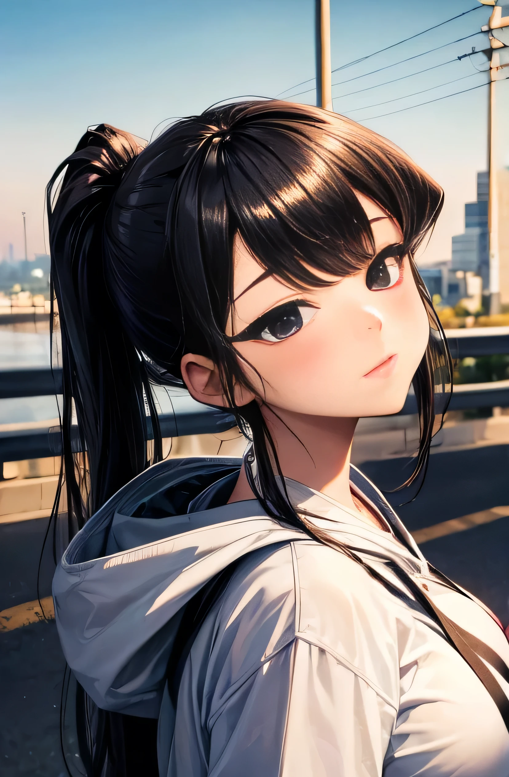 ((best quality)), ((masterpiece)), (detailed), perfect face,(1),(beautiful girl), (Komi Shouko), ponytail,(blackes Braun hair), cute smile (looking at vivers) on a streat road,( full body view),(detailed lips), perfect head ,(detailed face), wers a white hoodi black Stiles short pant that reaches nee, heads in hoodi pocket,(huge breasts),(perfect girl), Japanese girl