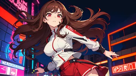 2d anime style, a beautiful woman with long curly brown, wearing a red miniskirt, white top and black leather jacket is in front...