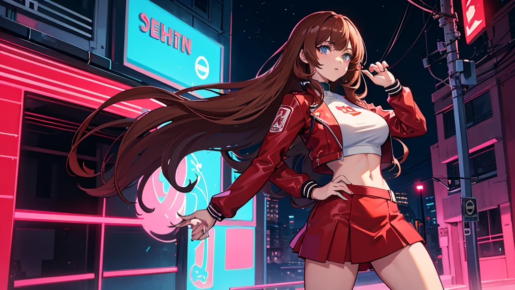 2d anime style, a beautiful woman with long curly brown, wearing a red miniskirt, white top and black leather jacket is in front of a dance club that shines in neon on its facade the name "Technoir", close shot, night of a city in the 80s, lighting of streetlights and neon, high definition, high resolution, intricate details