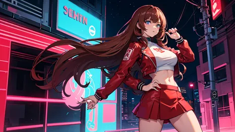 2d anime style, a beautiful woman with long curly brown, wearing a red miniskirt, white top and black leather jacket is in front...