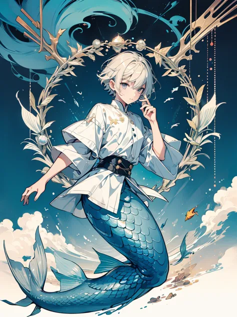 1 boy, short hairstyle, blond, silver eyes, fish scales on hands, mermaid, high quality