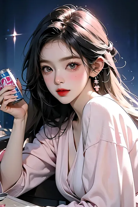 elegant woman sipping a can of pink and blue cans at home, the cans have the word byself on them, drink, home, leisurely, blushi...