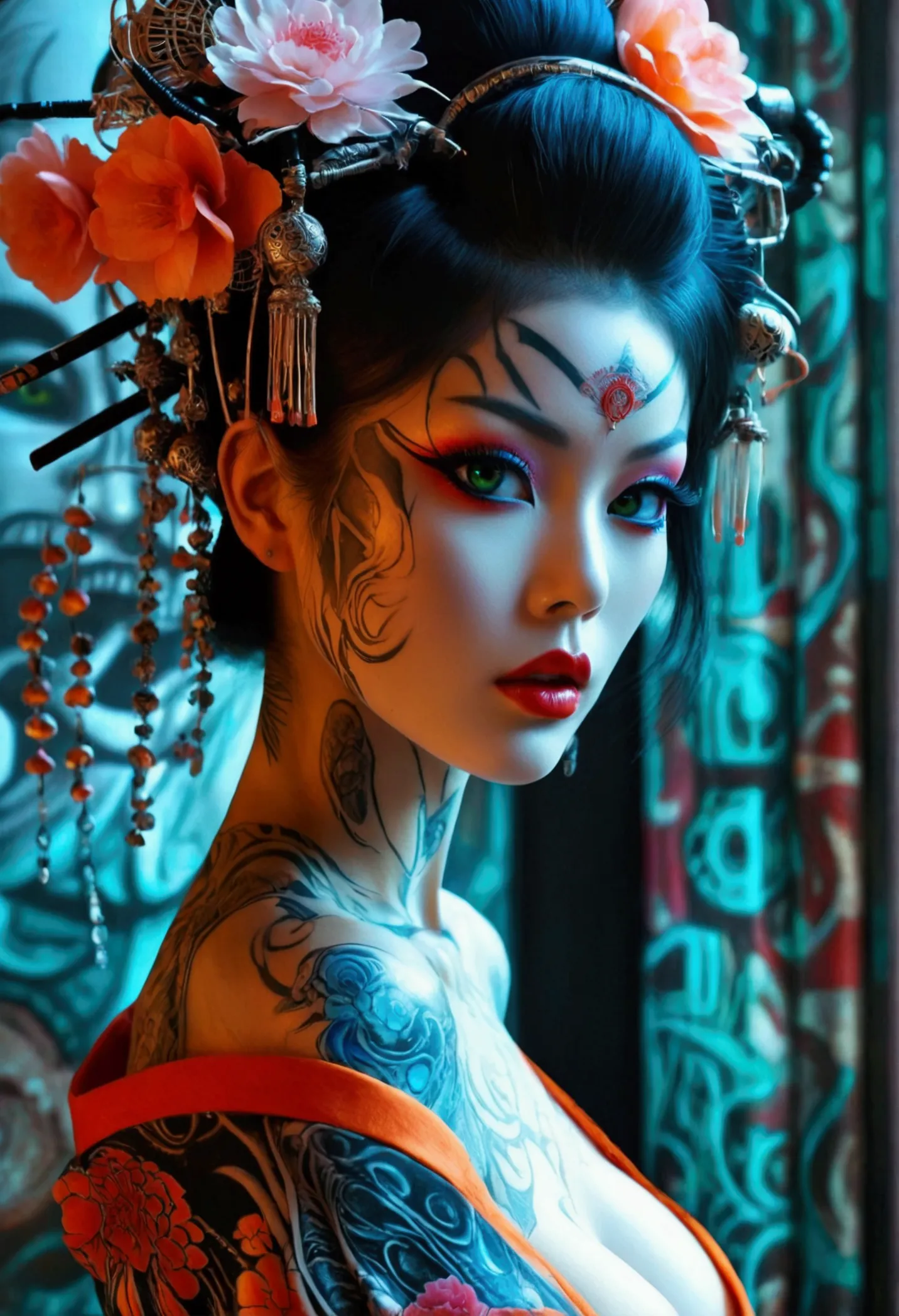 stunningly gorgeous beautiful perfect hr giger inspired inspired tattooed sexy seductive geisha, perfect face, hyper detailed vi...