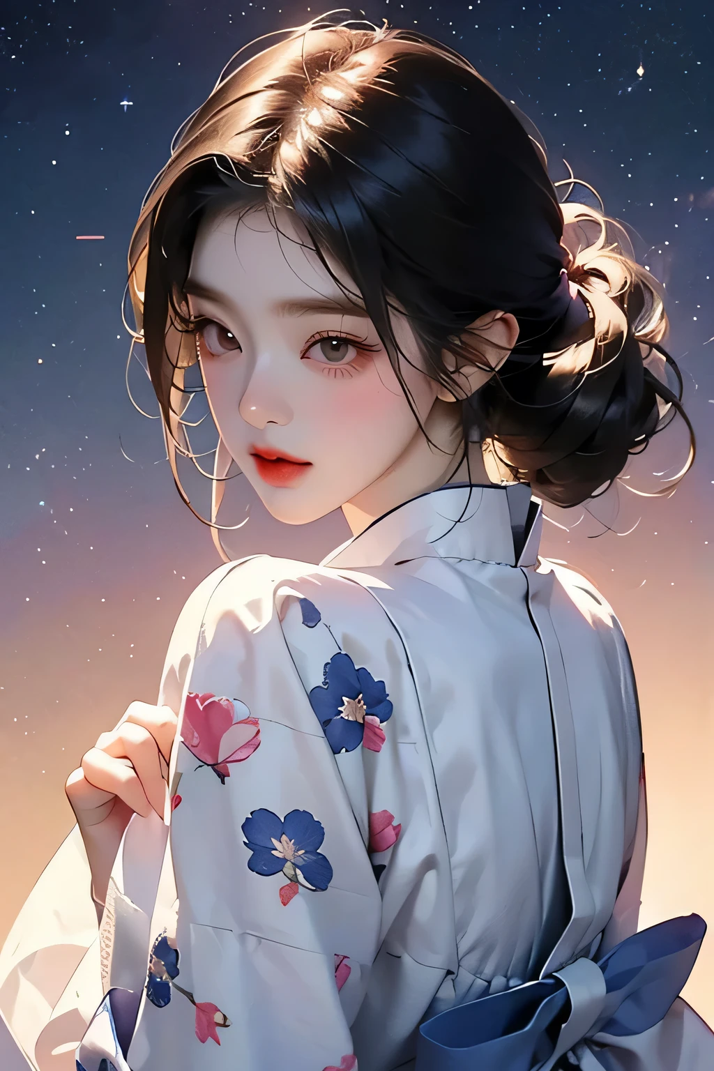 masterpiece, best quality, 1girl, solo, guizhong_genshin, default_dress, from behind, starry sky print, sleeves over wrists, barefoot vintage, retro, retro anime