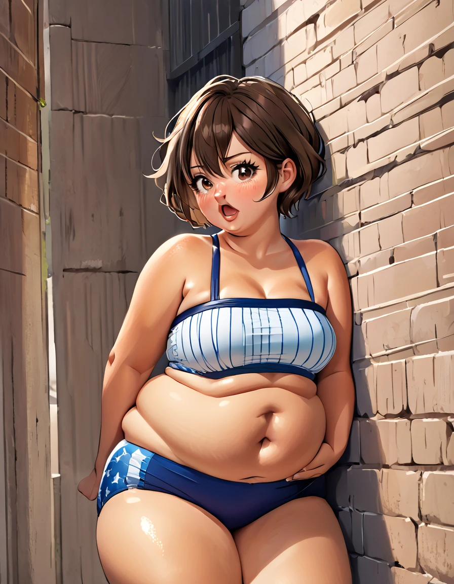 ((Best Quality)), ((Masterpiece)), ((Realistic)) ((Best Quality)), ((Masterpiece)),18 to2, deadly, , large nose, (small chest, flat chested:1.2) (belly grab:1.2), heavy eyeshadow, short hair, great detail, detailed belly, arms crossed, pouting and angry, large wide lips, unique nose, eyes far apart, thick brown hair, freckles, tomboy, masterpiece, best quality, 1, , strapless one piece swimsuit pear_shaped_body sexy, textured pixie haircut (three quarter view) (leaning on a wall background) 6 and a half heads full body,  surprised, shocked, notice lines, trembling, bloated belly