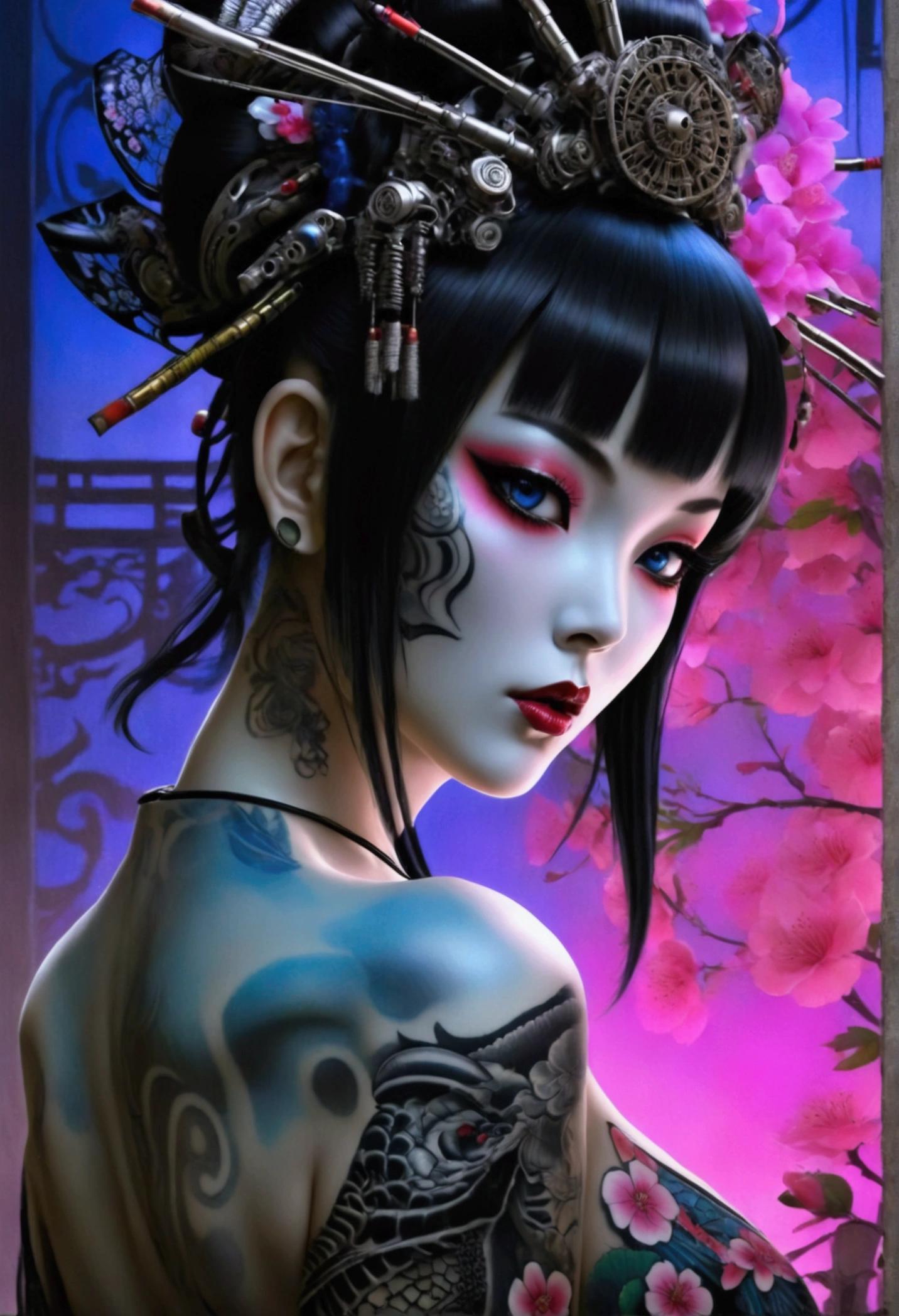 Stunningly gorgeous beautiful perfect hr giger inspired inspired tattooed sexy seductive Geisha, perfect face, hyper detailed vibrant neon sapphire eyes, large breasts, full body view, nude, no color black and gray only, show complete body,