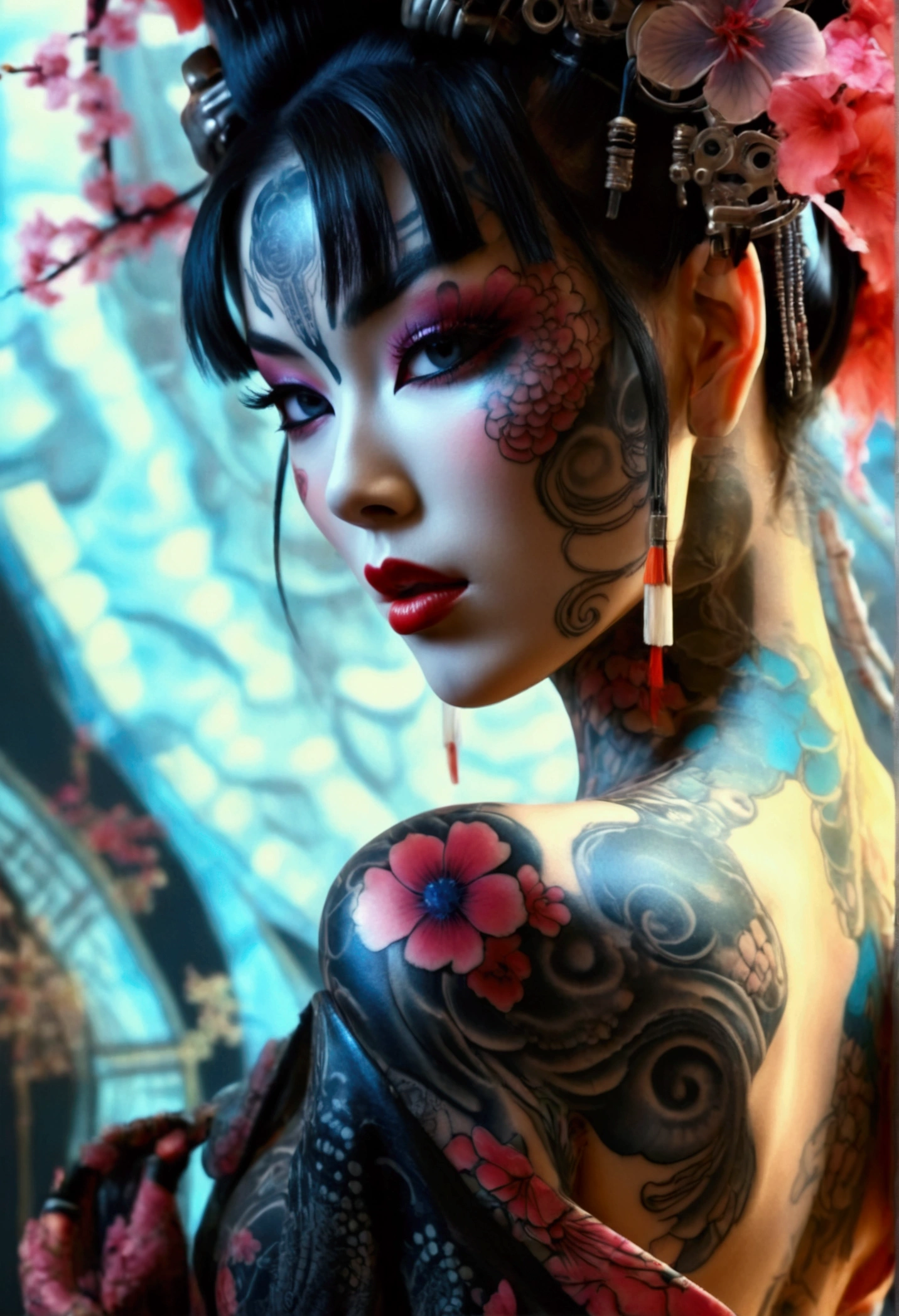 Stunningly gorgeous beautiful perfect hr giger inspired inspired tattooed sexy seductive Geisha, perfect face, hyper detailed vibrant neon sapphire eyes, large breasts, full body view, nude, no color black and gray only, show complete body,