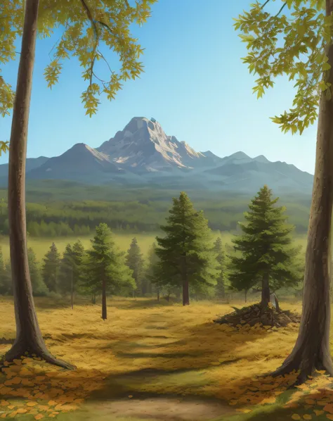 (majalis:1.2), (forest, background, trees, high detailed, mountain, leaves on the ground, town in the distance, scenario)