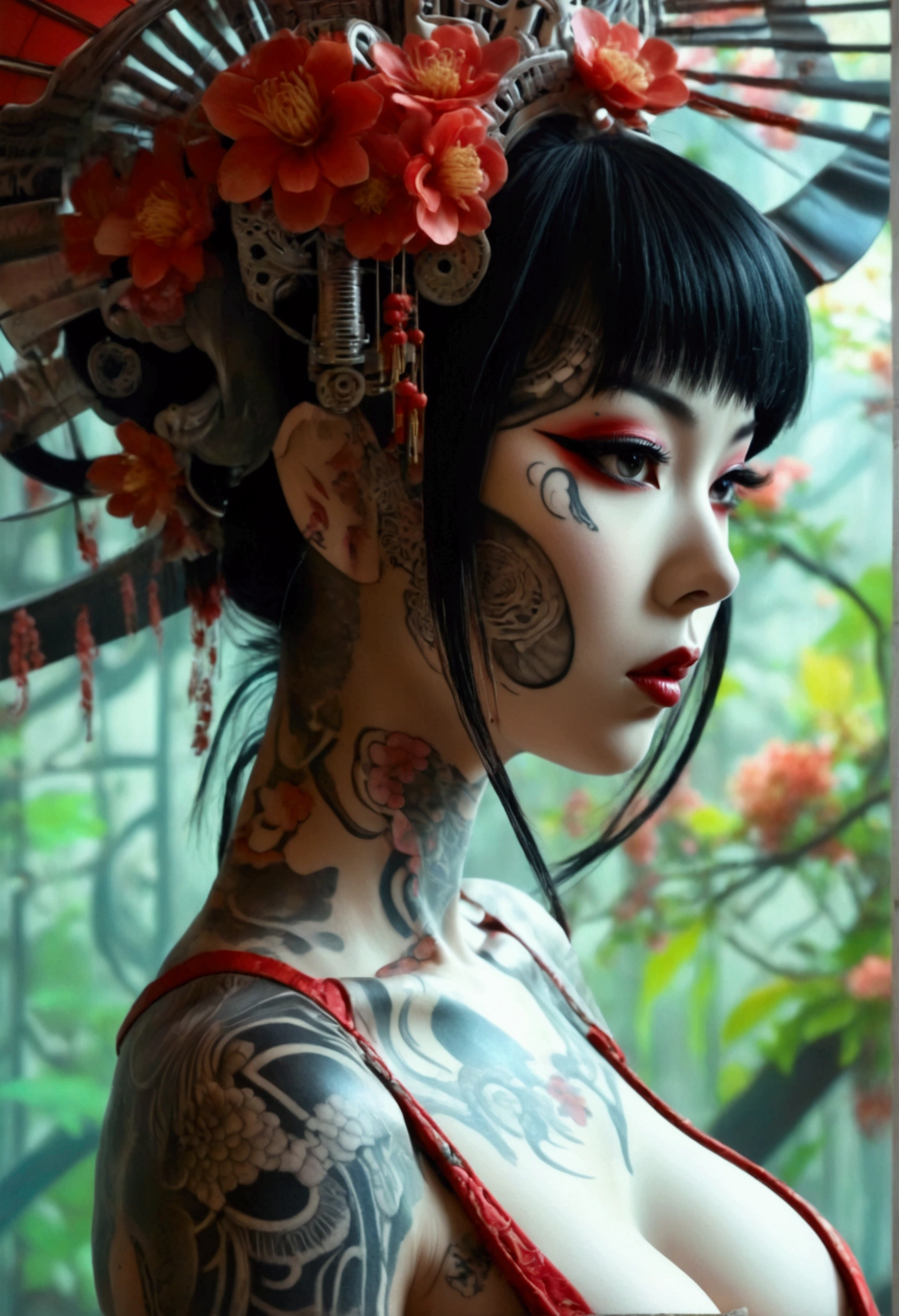 Stunningly gorgeous beautiful perfect hr giger inspired inspired tattooed sexy seductive Geisha, perfect face, hyper detailed vibrant eyes, large breasts, full body view, nude, no color black and gray only, show complete body,