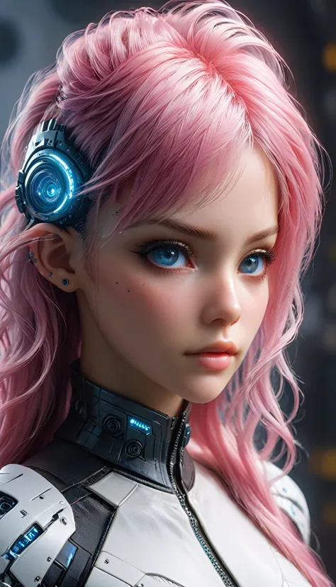 one girl wear futurist white and pink full_armor, looking at viewer, highly detailed, very long pink hair, bleu eyes, large brea...