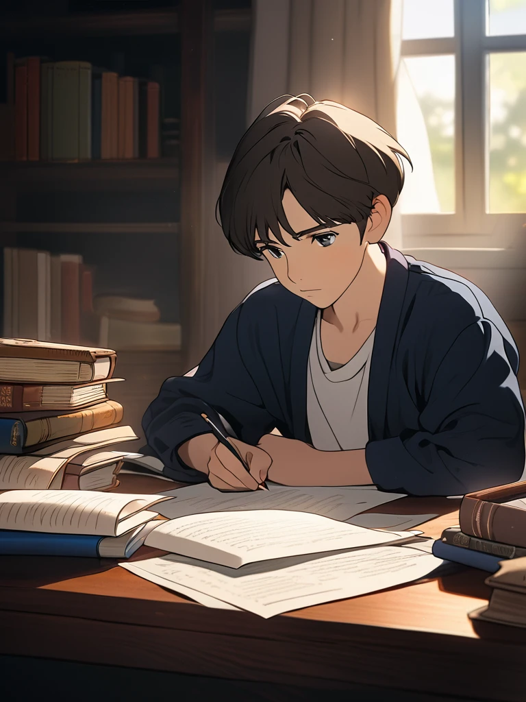 "A portrait of a young boy deeply focused on his studies, sitting at a wooden desk with books and papers spread out. Captured with an Arri Alexa LF using a Zeiss Master Prime 50mm lens, the scene is lit by soft, natural light filtering in from a nearby window, casting a gentle glow on the boy's face and highlighting the concentration in his eyes. The shallow depth of field (f/1.4) emphasizes the boy's thoughtful expression and the details of his study materials, while the background fades into a warm, inviting blur, creating a calm and studious atmosphere use of natural light."