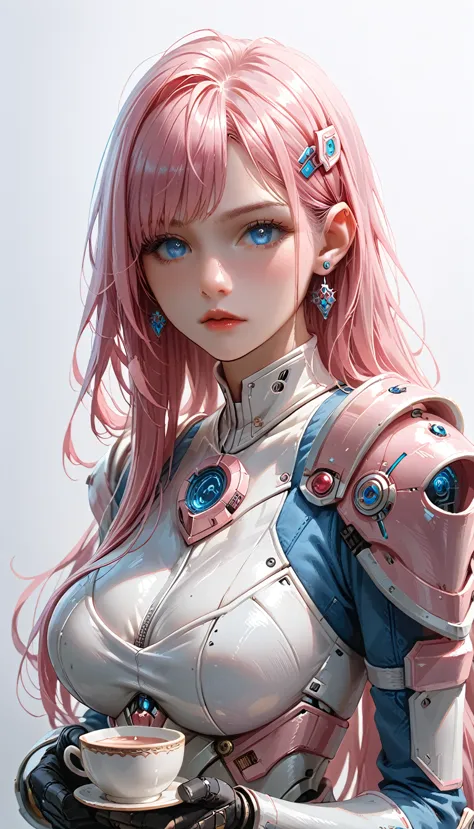 one girl wear futurist white and pink full_armor, looking at viewer, highly detailed, very long pink hair, bleu eyes, large brea...