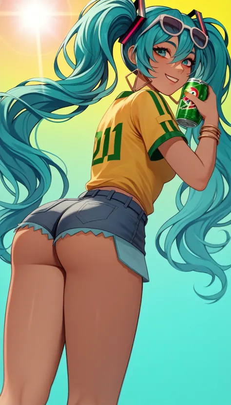 brazilian miku, hatsune miku, a woman with blue hair and sunglasses holding a can of beer, brazil shirt, tanned skin, anime girl...