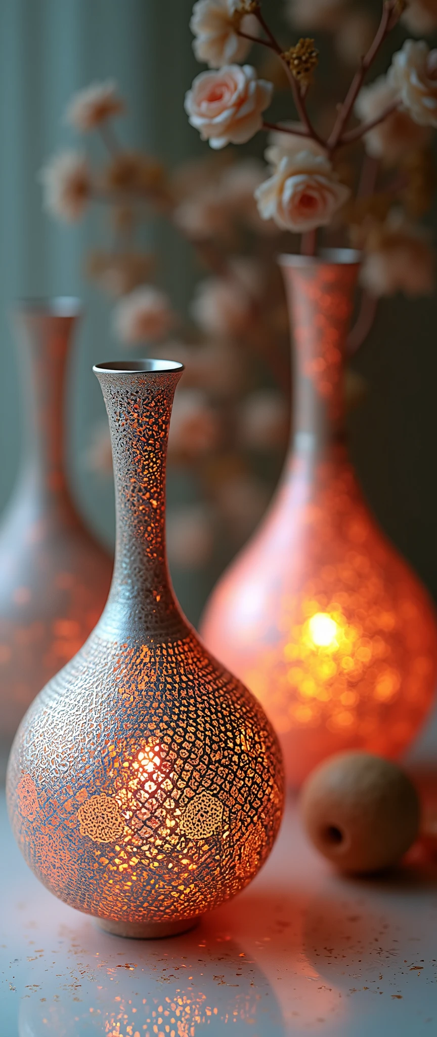 The beautiful vases look as if they were woven three-dimensionally with delicate lace, and the oil paints on the vases shine like a kaleidoscope, very simple background, beautiful lighting, great focus,Beautiful bokeh, shot from above,