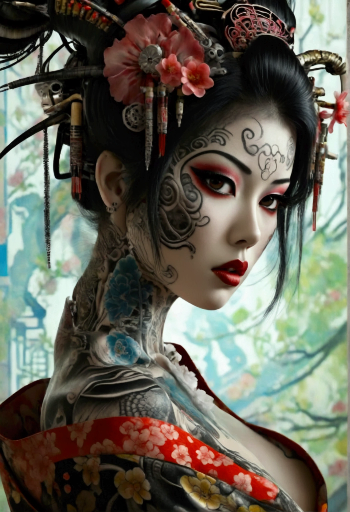 Stunningly gorgeous beautiful perfect hr giger inspired inspired tattooed sexy seductive Geisha, perfect face, hyper detailed vibrant eyes, large breasts, full body view, nude, no color black and gray only, show complete body,