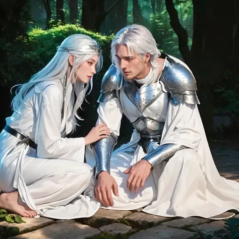 a man and a women dressed in white sitting on a bench, garden, grove asya yoranova and alan lee, magali villeneuve', edmund blai...