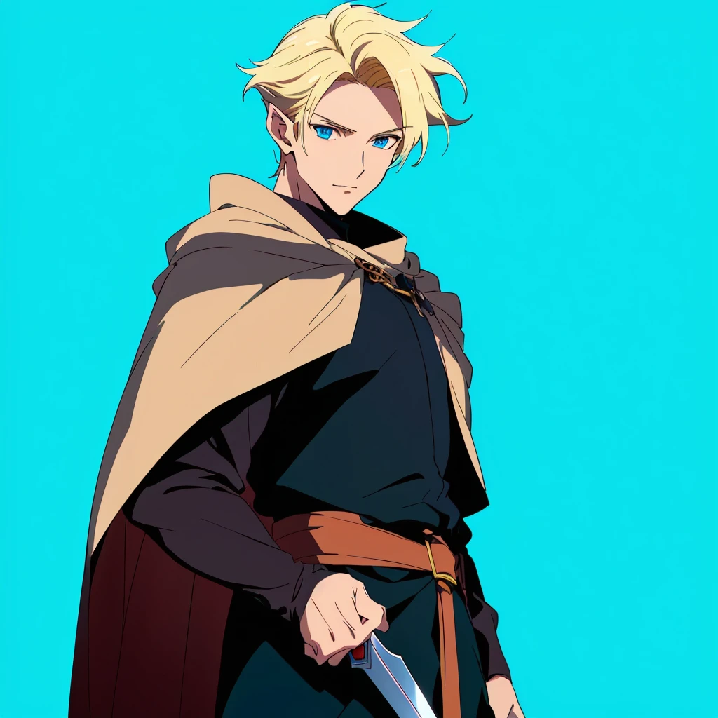 anime character with a sword in his hand and a cloak over his head, handsome guy in demon slayer art, tall anime guy with blue eyes, male anime character, handsome anime man, Cute androgynous prince, anime portrait of a handsome man, portrait of the magical blond prince, young anime man, Caleb from Critical Role, cushart krenz, Anime main art, male blond elf ranger