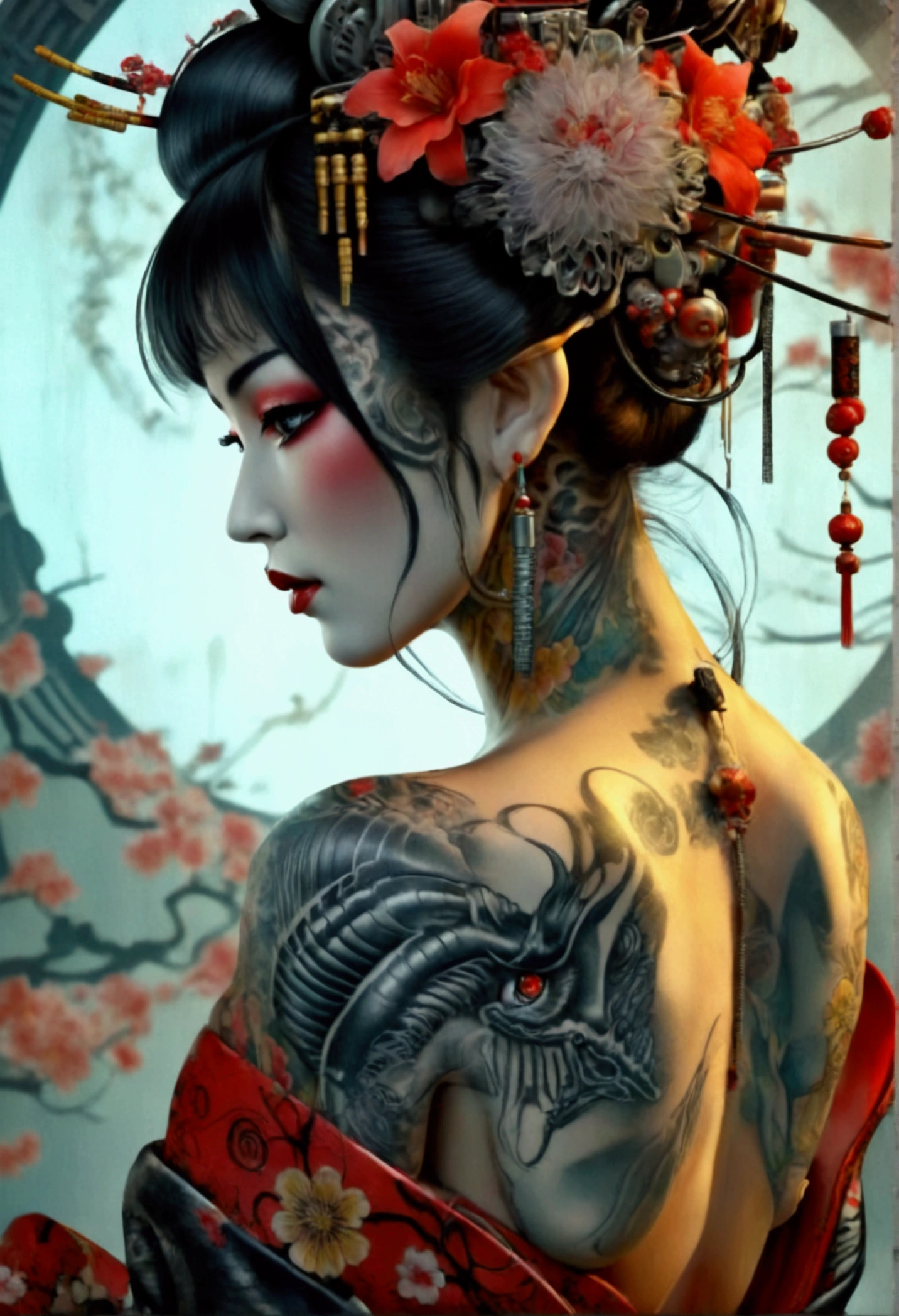 Stunningly gorgeous beautiful perfect hr giger inspired inspired tattooed sexy seductive Geisha, perfect face, hyper detailed vibrant eyes, large breasts, full body view, nude, no color black and gray only, show complete body,