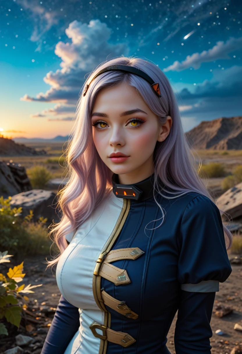 1girl, solo, large breasts,long eyelashes,thick_lips, (beautiful face, detailed face,
,face perfect), (yellow eyes, asymmetrical legwear, asymmetrical clothes, Black_lilith), outside,s, night,midnight,sky,cloud,starry sky,star (sky),battlefield, wasteland, destroyed, collapsed, rocks,fall season, welk,leaves,windy,wavy_hair,,light particles,