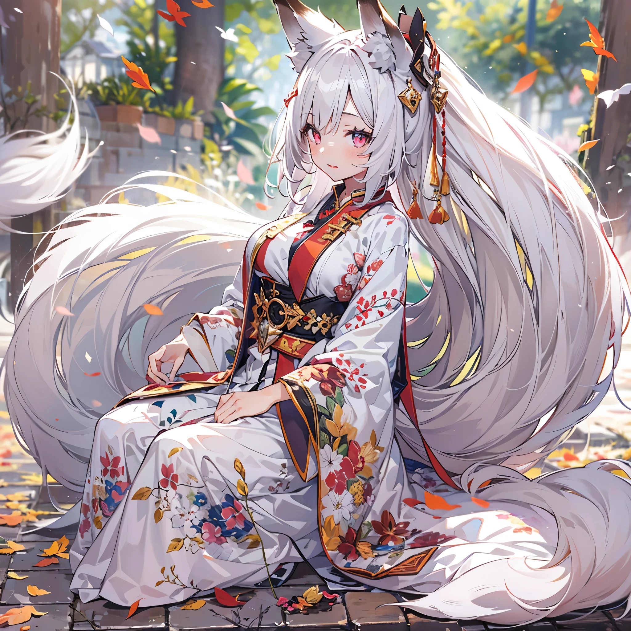 (Highest quality, High resolution, 1 girl, alone),Fox Ears, White Hair, Very large breasts, Fox&#39;s Tail, Grin, Loose kimono,Bring your legs forward