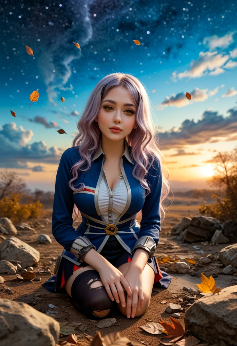 1girl, solo, large breasts,long eyelashes,thick_lips, (beautiful face, detailed face,
,face perfect), (yellow eyes, asymmetrical legwear, asymmetrical clothes, Black_lilith), outside,s, night,midnight,sky,cloud,starry sky,star (sky),battlefield, wasteland, destroyed, collapsed, rocks,fall season, welk,leaves,windy,wavy_hair,,light particles,