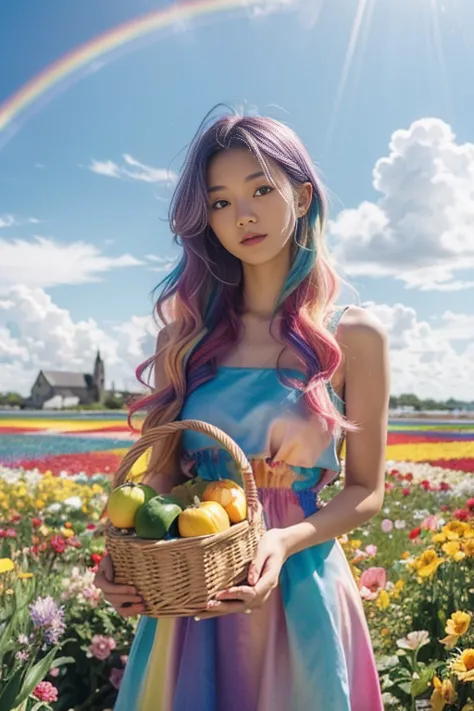 highest quality,high resolution,a japanese girl standing in a flower field holding a basket of fruit and flowers, two-tone hair,...