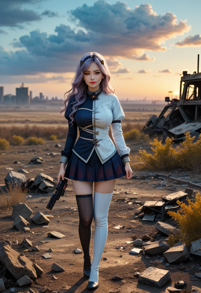 1girl, solo, large breasts,long eyelashes,thick_lips, (beautiful face, detailed face, ,
,face perfect), (yellow eyes, asymmetrical legwear, asymmetrical clothes, Black_lilith), outside,s, night,midnight,sky,cloud,starry sky,star (sky),battlefield, wasteland, destroyed, collapsed, rocks,fall season, welk,leaves,windy,wavy_hair,,light particles,