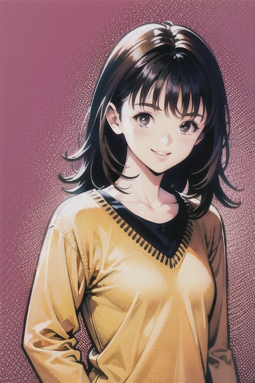 Yoshizuki Iori, One girl, alone, smile, Brown Hair, View your viewers, Brown eyes, Open your mouth, sweater, upper boisy, heais tilt, :is, bangs,  