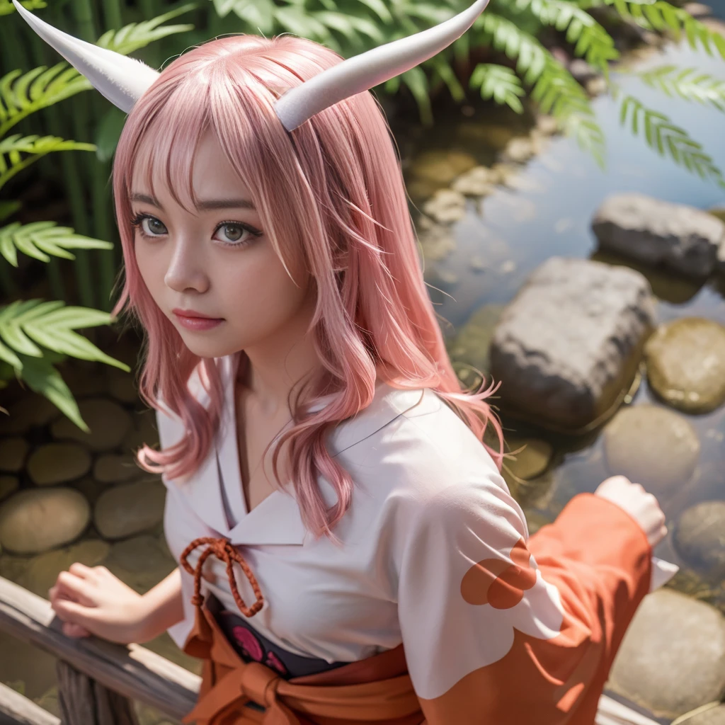 (8k, RAW Photo, Top Quality, Refined Details, Masterpiece: 1.2), (High Resolution 8k Wallpaper), Sharp Focus, Professional Lighting, Depth of Field, Cinematic Lighting, Background Blur,Shuna Tensura (pink straight long hair tied low: 1.5), (two demon horns that draw an elegant curve growing from the forehead: 1.5), (gentle pink eyes: 1.5), the beautiful devil of Japan A princess wearing a traditional shrine maiden costume. She is wearing a red hakama and a white kimono with a flower pattern. Her expression is gentle and gentle, giving a sense of calm and inner strength. Her background depicts a tranquil Japanese garden and bamboo forest, creating an elegant and peaceful atmosphere. Her skin is white and her features are delicate and beautiful.