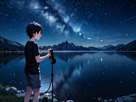 1 boy, night view, shooting star, mountain, lake, black short hair, he is wearing a grey shirt, he is using a telescope